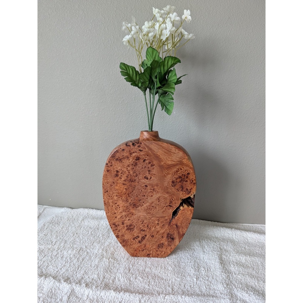 Vintage Turned Hand Carved Oval Round Burl Wood Vase Signed Geraldine Rare